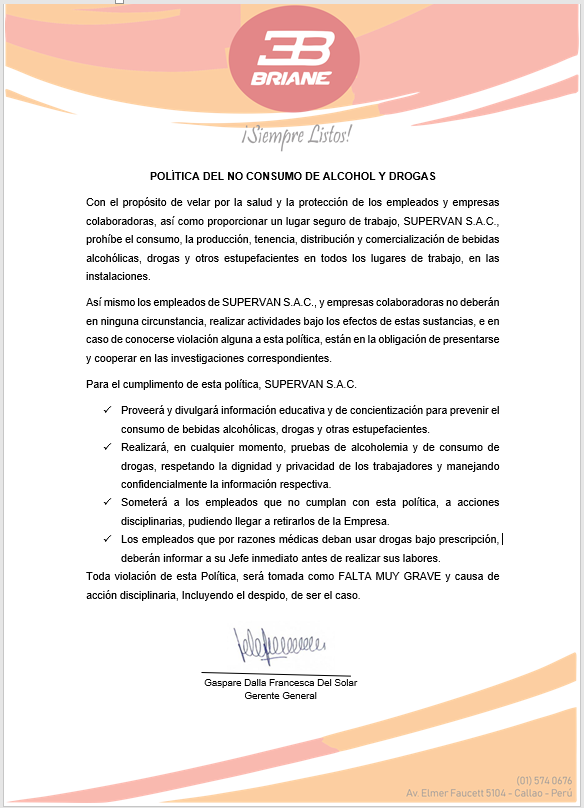 Política del NO Consumo de Alcohol y Drogas